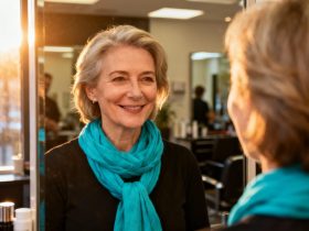 Femme de 55 ans avec visage ovale portant une écharpe turquoise dans un salon de coiffure éclairé naturellement