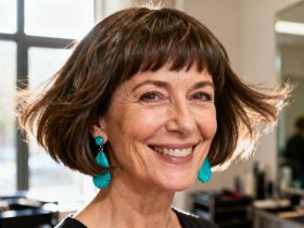 Femme souriante avec une coupe bob texturée et des boucles d'oreilles turquoises dans un salon naturellement éclairé