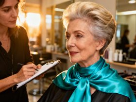Femme de 60 ans en consultation chez le coiffeur, portant un foulard turquoise et discutant avec sa styliste