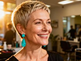 Femme mature avec coupe pixie courte et boucles d'oreilles turquoises dans un salon avec éclairage naturel chaud