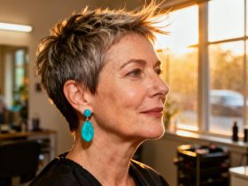 Femme de 55 ans avec coupe pixie texturée 2025 et boucles d'oreilles turquoise dans un salon naturellement éclairé