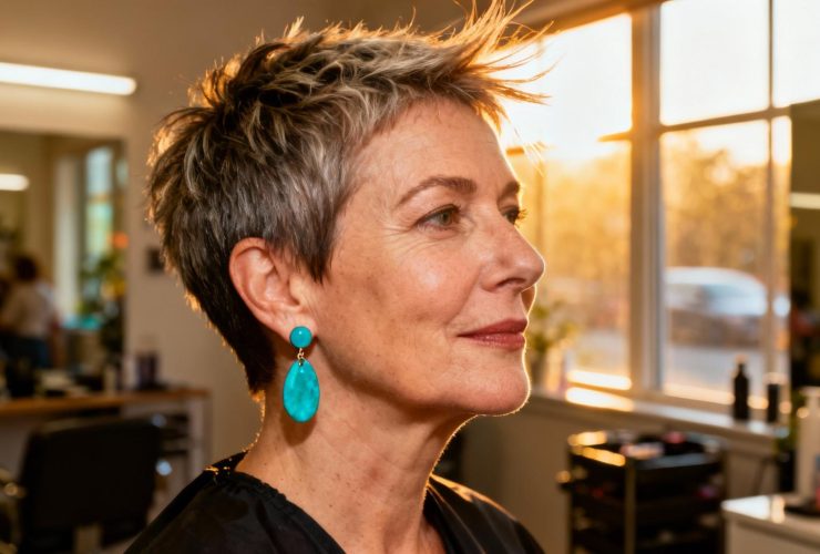 Femme de 55 ans avec coupe pixie texturée 2025 et boucles d'oreilles turquoise dans un salon naturellement éclairé