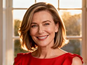 Femme de 50 ans avec visage rectangulaire portant une coupe en dégradé et robe rouge, souriant devant une fenêtre