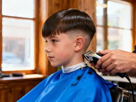 Garçon aux cheveux lisses recevant une coupe dégradé moderne dans un salon de coiffure avec cape bleue