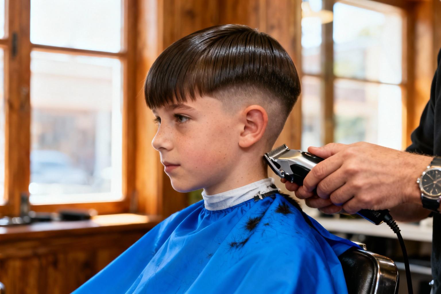 Garçon aux cheveux lisses recevant une coupe dégradé moderne dans un salon de coiffure avec cape bleue