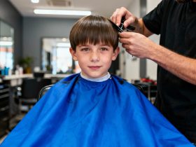 Jeune garçon aux cheveux lisses portant une cape bleue vif pendant sa coupe chez le coiffeur