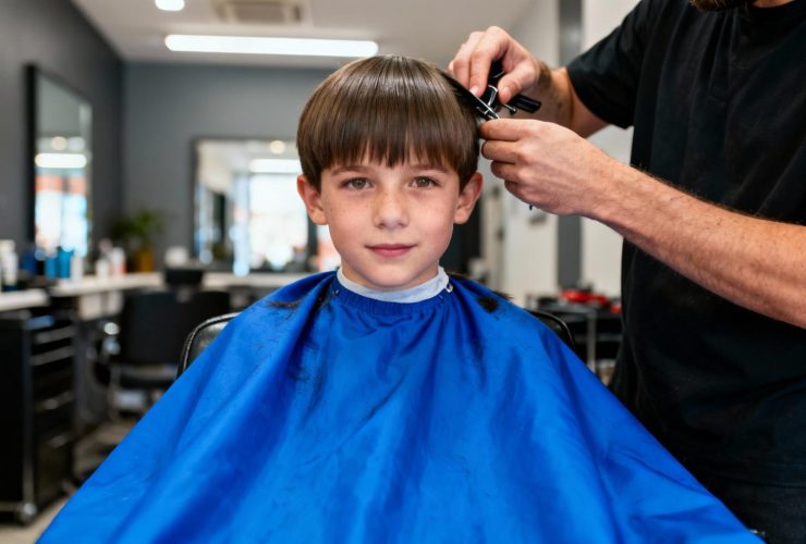 Jeune garçon aux cheveux lisses portant une cape bleue vif pendant sa coupe chez le coiffeur