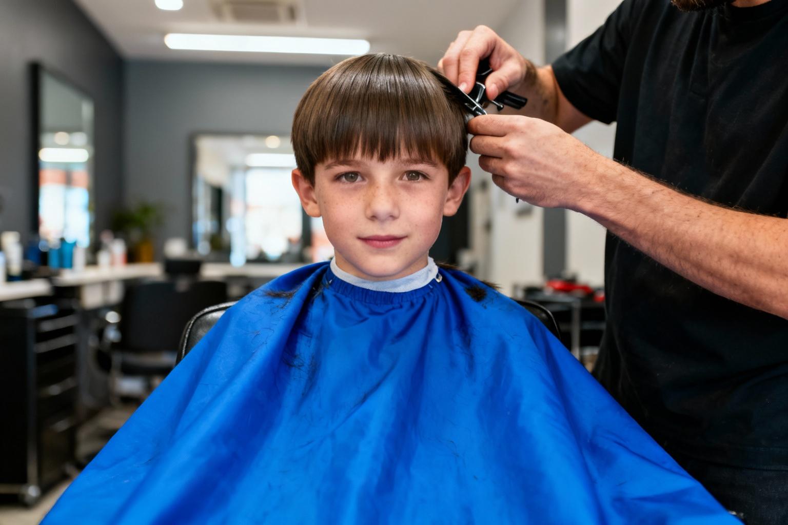 Jeune garçon aux cheveux lisses portant une cape bleue vif pendant sa coupe chez le coiffeur
