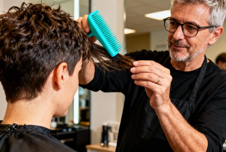 Coiffeur européen de 45 ans réalisant une coupe pixie courte et texturée sur une cliente, avec brosse turquoise