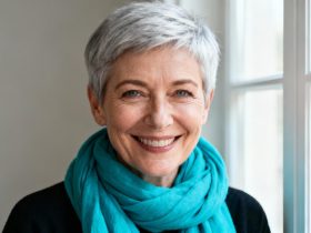 Femme de 60 ans souriante avec une coupe de cheveux courte moderne et un foulard turquoise en studio lumière naturelle