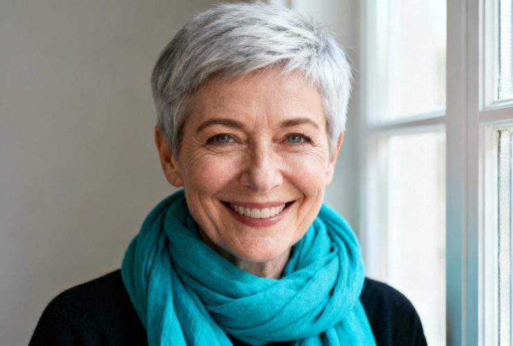 Femme de 60 ans souriante avec une coupe de cheveux courte moderne et un foulard turquoise en studio lumière naturelle