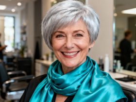 Femme de 60 ans aux cheveux argentés avec une coupe pixie élégante et une écharpe en soie turquoise dans un salon moderne