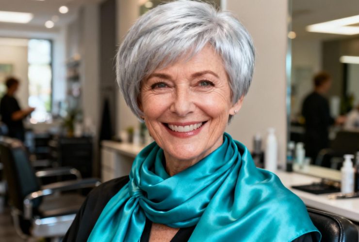Femme de 60 ans aux cheveux argentés avec une coupe pixie élégante et une écharpe en soie turquoise dans un salon moderne