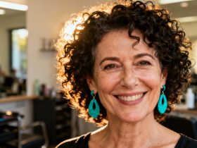 Femme de 55 ans avec cheveux bouclés naturels portant des boucles d'oreilles turquoise dans un salon éclairé à la lumière naturelle