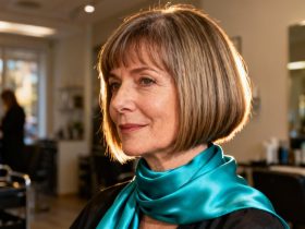 Femme de 55 ans avec cheveux fins portant une coupe bob parfaite et foulard en soie turquoise dans un salon naturellement éclairé