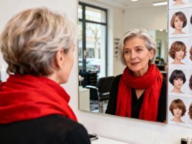 Femme de 55 ans devant un miroir essayant différentes coupes de cheveux avec une écharpe rouge vibrante