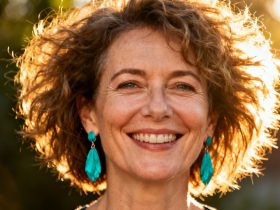 Femme de 50 ans avec coupe courte texturée et volumineuse, portant une boucle d'oreille turquoise sous la lumière dorée