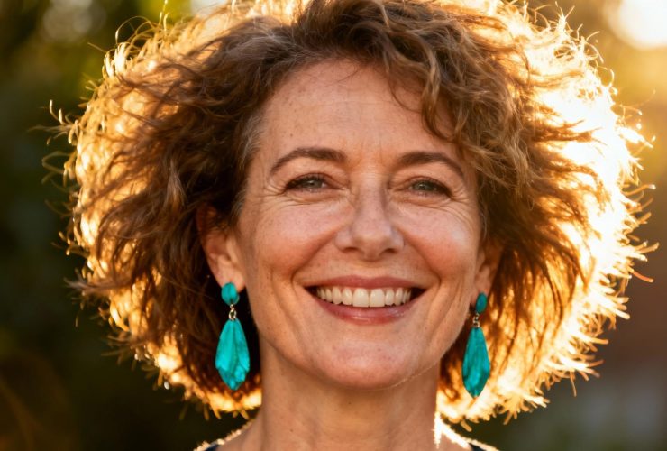 Femme de 50 ans avec coupe courte texturée et volumineuse, portant une boucle d'oreille turquoise sous la lumière dorée