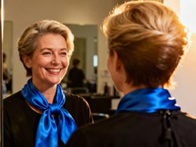 Femme souriante regardant son reflet dans un miroir lors d'une consultation coiffure avec un foulard bleu vif
