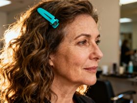 Femme européenne de 55 ans avec cheveux ondulés épais et clip turquoise dans un salon naturellement éclairé