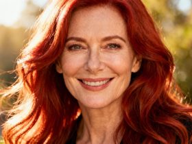 Femme européenne de 50 ans aux cheveux rouge cramoisi et visage ovale parfait, souriant devant une fenêtre