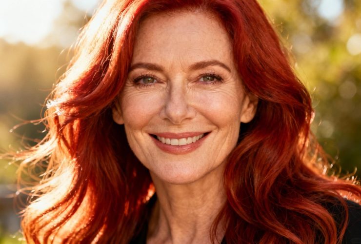 Femme européenne de 50 ans aux cheveux rouge cramoisi et visage ovale parfait, souriant devant une fenêtre