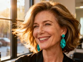 Femme souriante avec une coupe de cheveux volumineuse et boucles turquoise, éclairée par la lumière naturelle du soleil