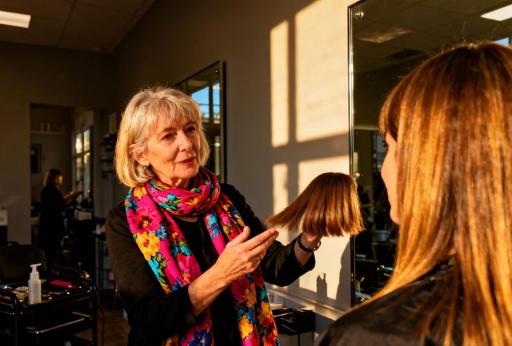 Femme de 58 ans essayant différentes longueurs de cheveux devant un miroir de salon avec une amie, écharpe florale colorée