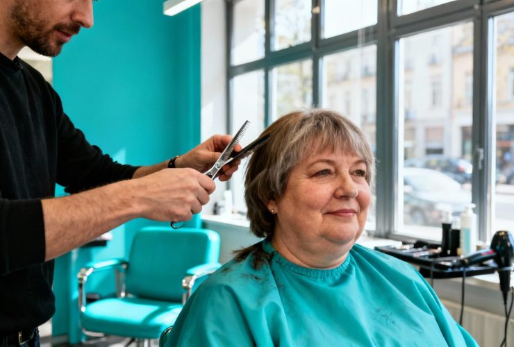Femme de 55 ans avec double menton recevant des conseils pour une coupe de cheveux flatteuse dans un salon turquoise