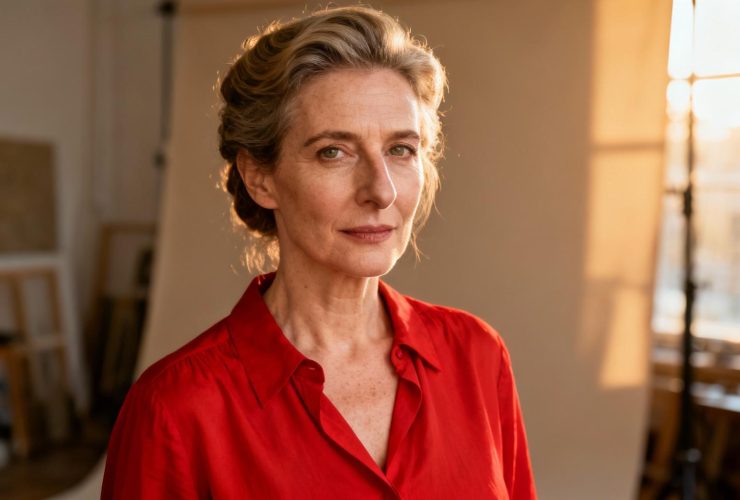 Femme européenne de 55 ans avec une coupe de cheveux élégante pour long nez, portant une blouse rouge vibrante