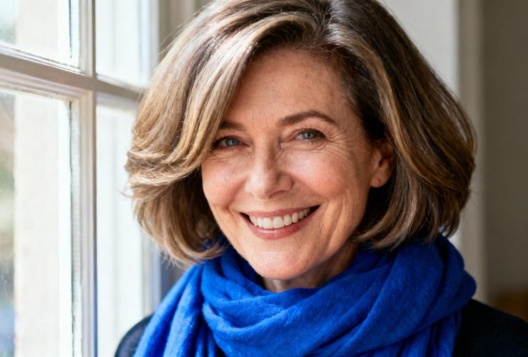 Femme de 50 ans souriante avec une coupe de cheveux volumineuse et une écharpe bleue, éclairée par une lumière naturelle