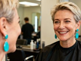 Femme de 55 ans avec visage carré souriant devant un miroir dans un salon, portant des boucles d'oreilles turquoises