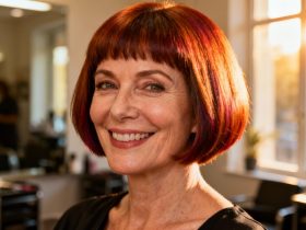 Femme mature souriante avec une coupe carrée stylisée et reflets cuivrés, éclairée par une lumière naturelle dans un salon