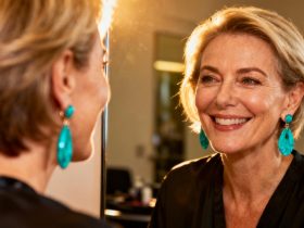 Femme européenne de 55 ans avec visage ovale et boucles d'oreilles turquoise lors d'une consultation coiffure
