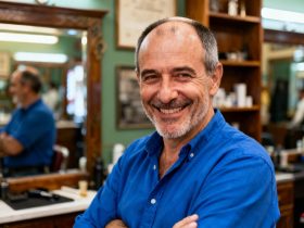 Homme de 55 ans avec cheveux dégarnis et coupe courte, souriant dans un barbershop avec une chemise bleue vive