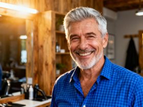 Homme âgé avec une coupe élégante et chemise bleue à carreaux dans un barbershop en bois