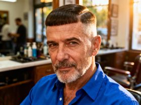 Homme d'âge mûr avec une coupe française bien taillée, portant une chemise bleue dans un barbershop