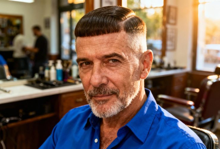 Homme d'âge mûr avec une coupe française bien taillée, portant une chemise bleue dans un barbershop