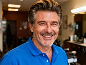 Homme mature aux cheveux épais souriant dans un barbershop, portant un polo bleu vif sous lumière naturelle