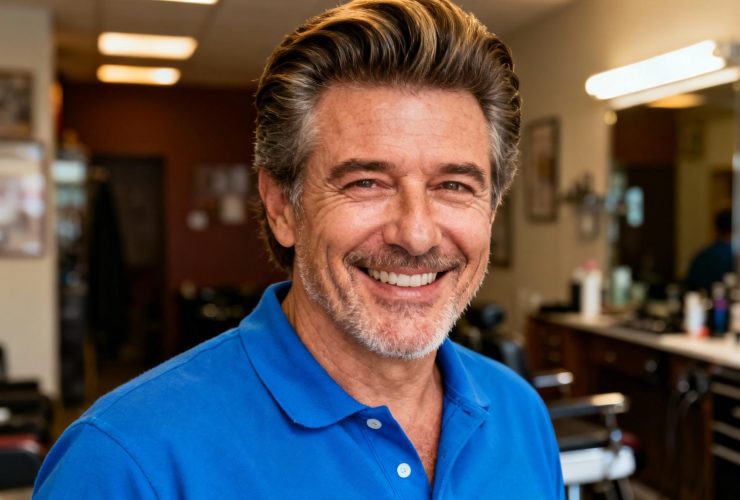 Homme mature aux cheveux épais souriant dans un barbershop, portant un polo bleu vif sous lumière naturelle