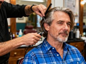 Homme d'âge mûr avec des cheveux mi-longs portant une chemise à carreaux bleue dans un salon de coiffure