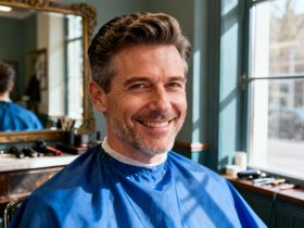 Homme d'âge moyen avec coupe de cheveux moderne et cape bleue dans un salon de coiffure vintage
