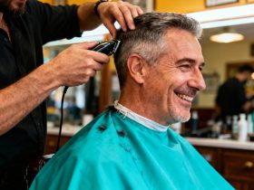 Homme de 55 ans souriant lors d'une coupe moderne dans un barbershop, portant une cape turquoise vibrante