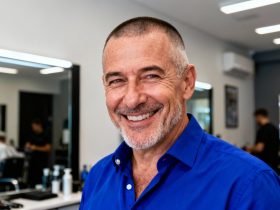 Homme d'âge mûr avec coupe buzz courte portant une chemise bleu cobalt dans un barbershop moderne