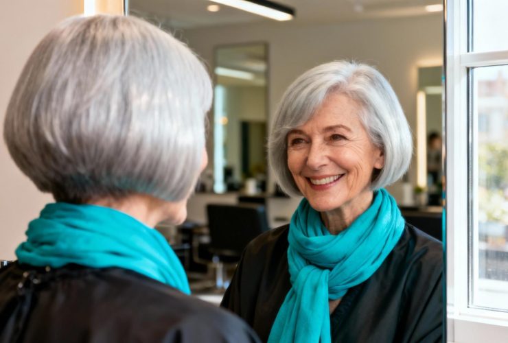 Femme de 60 ans avec coupe au carré moderne et écharpe turquoise, souriant devant un miroir dans un salon