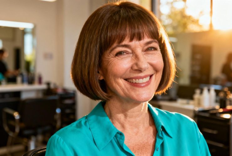 Femme souriante avec une coupe de cheveux bob mettant en valeur sa blouse turquoise et son visage ovale, dans un salon de coiffure
