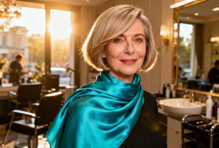 Femme élégante de 55 ans avec une coupe asymétrique et une écharpe turquoise dans un salon lumineux