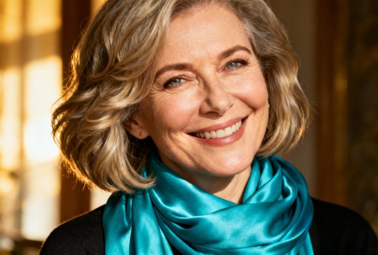 Femme de 55 ans avec visage ovale portant une coupe bob ondulée et une écharpe en soie turquoise